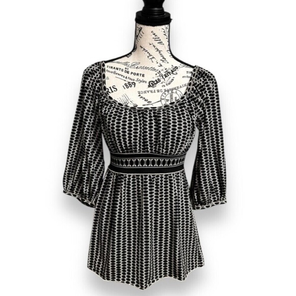 Max Studio S Black Cream Boho Geometric‎ Tunic Top Empire Waist Stretch Y2K